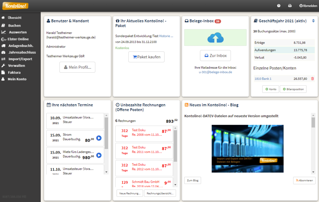 Übersichtsseite von Buchhaltungssoftware Kontolino!